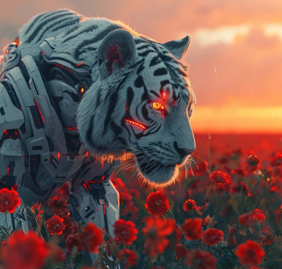 Cybernetic tiger in a field of red flowers